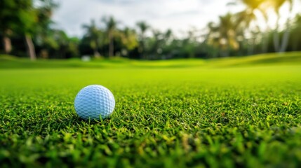Naklejka premium Golf ball on lush green grass of a golf course