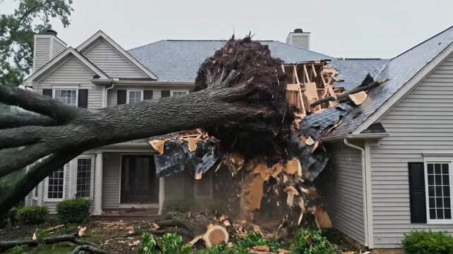 A large tree has fallen and heavily damaged a two-story home, impacting the roof
