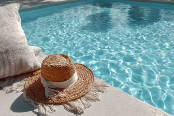 Enjoying Vacation Near Pool With Straw Hat and Sunny Atmosphere in Relaxing Setting