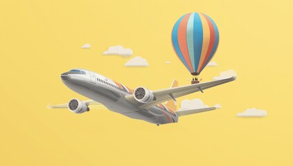 Airplane and hot balloon in the yellow background, 3d rendering. Digital drawing