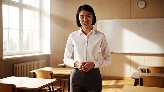 Young Asian female teacher standing in a classroom with desks and whiteboard.