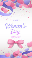 8 March womens day celebration pink hearts ribbon confetti and bow on white background vertical festive template