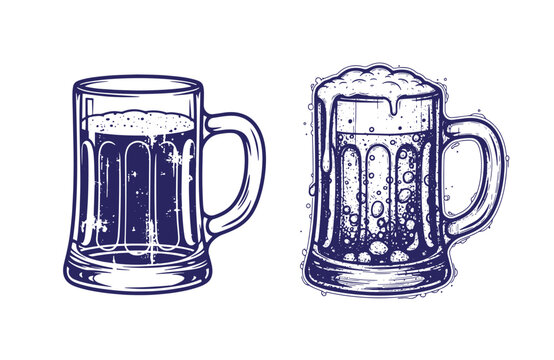 Grunge texture Two beer mugs with frothy foam on top  one full and one half full in a vintage drawing style Vintage Style