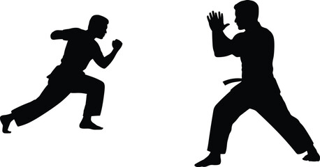 Martial arts silhouettes, karate fighters sparring action, black self defense combat illustration isolated on white background dynamic sport vector design © MstMuktarinaAkter