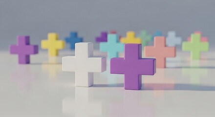 Fototapeta premium Colorful, three-dimensional crosses arranged, some in focus, others blurred, on a glossy surface
