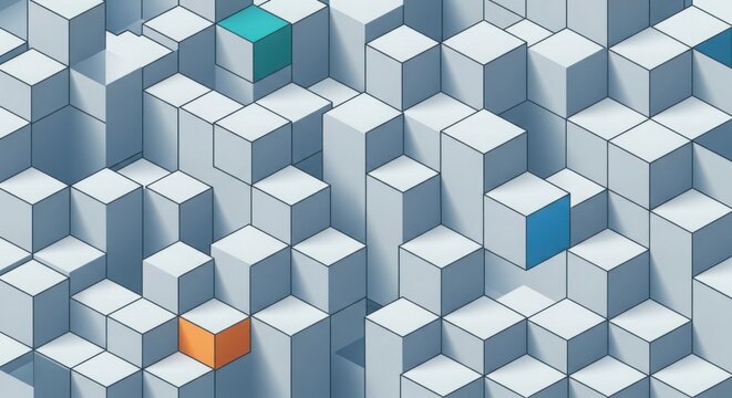 Abstract 3D Cubes Pattern: Geometric Blocks, Blue & Orange Accents, Minimalist Background