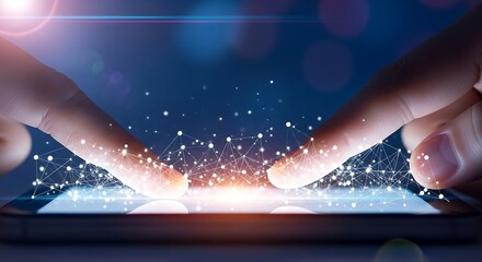 Hands interacting with digital particles emerging from a glowing tablet screen