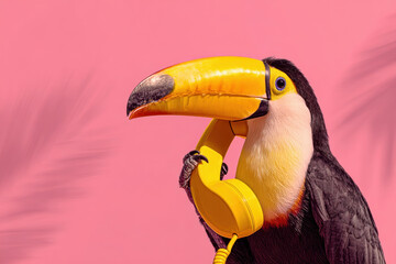 Naklejka premium Toucan Holds Banana-Shaped Phone Next to Its Beak in Vibrant Pink Background With Blurred Palm Leaves