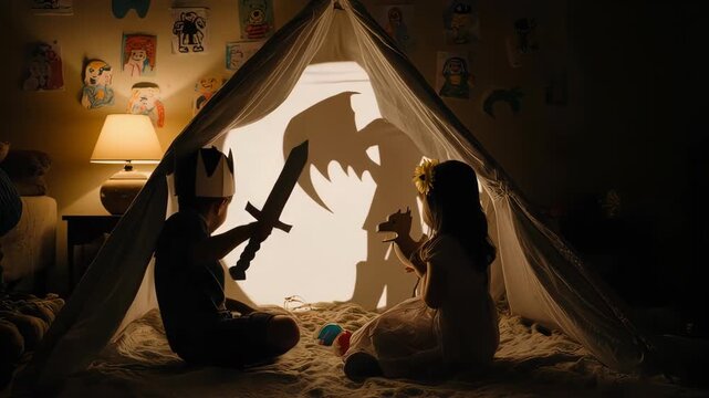 Children Playing Inside a Tent at Night.