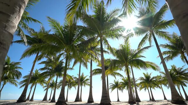 Tropical beach scene with a row of tall palm trees on sandy shore under a clear blue sky on a sunny day with green leaves