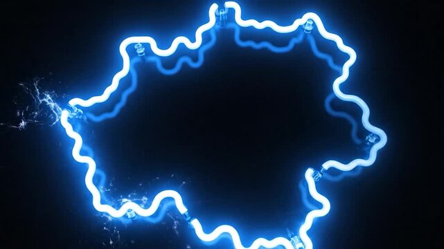 A glowing blue neon outline illuminates the map of Kosovo against a dark