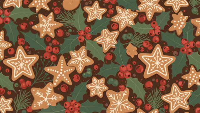Festive Christmas pattern featuring star-shaped gingerbread cookies and white snowflakes with red berries on a dark green background.