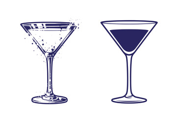 Grunge texture Two martini glasses one empty and one filled with dark liquid in blue line art style on white background Vintage Style