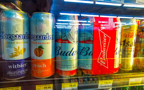Beer beers in the store shop supermarket fridge in Thailand.