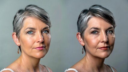 Transition from young to older woman concept. Portrait of a woman showcasing different makeup styles.