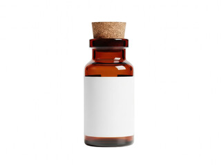 A small brown glass bottle with a cork stopper and white label isolated on transparent background