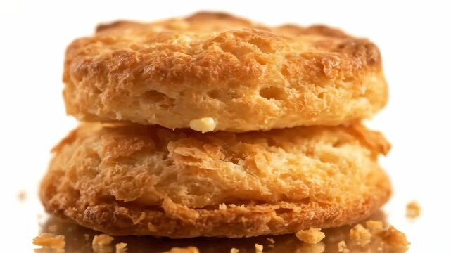 Delicious stack of two homemade golden biscuits showing flaky, buttery texture, isolated on a bright white studio background with reflection.
