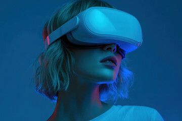 Woman Engages in Virtual Reality Experience With a VR Headset Inside a Dimly Lit Room With Neon Colors