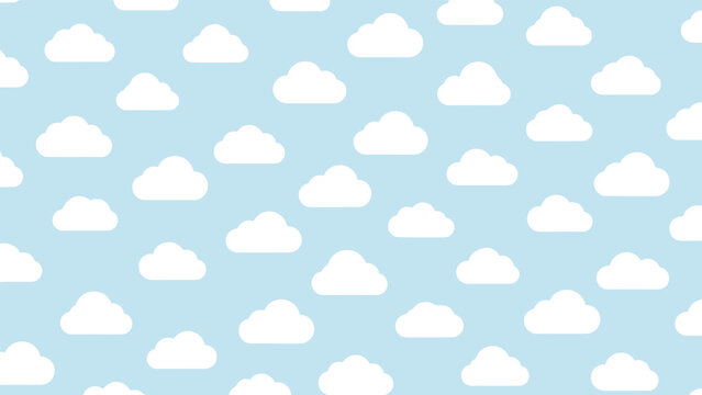 Seamless pattern of fluffy white clouds in various shapes repeating across a soft blue sky background for a peaceful and airy feeling.