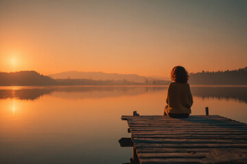 Woman Sits Alone on a Wooden Dock Watching the Sunset Over a Calm Lake Surrounded by Trees and Mountains