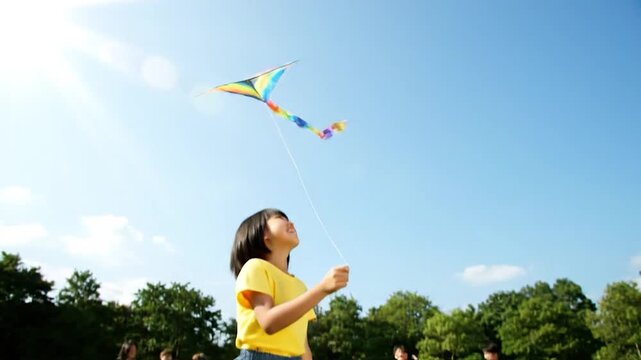 Young girl flying a colorful kite in a park with friends on a sunny day.