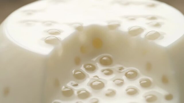 Close-up macro shot of creamy white pudding dessert, possibly panna cotta or sago, featuring spherical bubbles or tapioca pearls embedded in the smooth surface and texture.