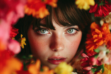 Woman Stands Among Bright Flowers With Colorful Petals Creating a Vibrant Frame Around Her Face and Eyes in a Lively Setting