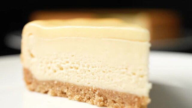 Macro close-up of a perfectly baked slice of creamy classic cheesecake with a thick golden crumb crust, showcasing rich texture and layers against a dramatic dark background.