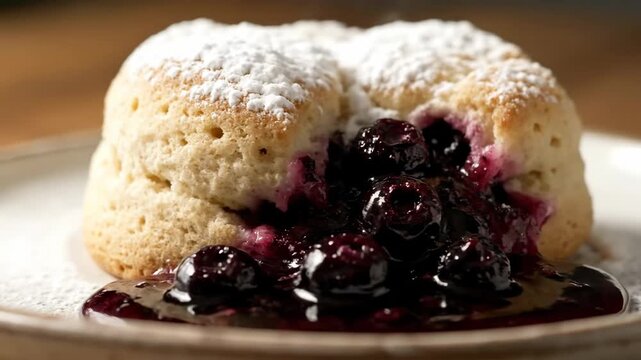 Delicious, freshly baked scone dusted with powdered sugar and served with vibrant blueberry compote on a plate for a classic sweet treat.