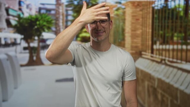 Man with hand covering face on a city street beside a brick wall and palm tree near railing; apology embarrassed.