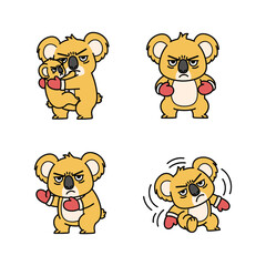 Cartoon koala boxing with determination and anger in various poses