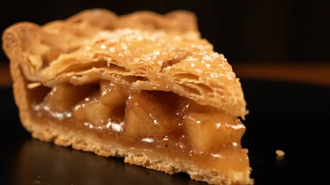 Close-up view of a delicious slice of classic apple pie with flaky golden crust and sweet caramelized filling topped with coarse sugar.
