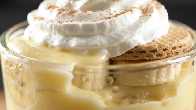 Decadent Homemade Banana Pudding Dessert in a Glass Jar Topped with Sweet Whipped Cream and Cinnamon Sprinkle, Macro Shot