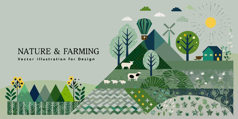 Stylized landscape illustration featuring mountains trees and rural elements © Bibhas