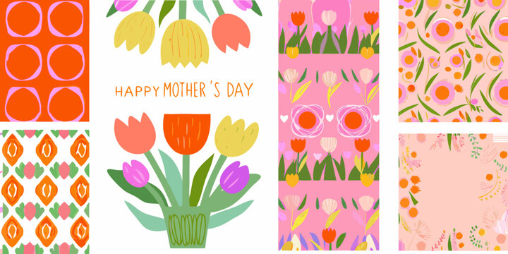Colorful tulip patterns and a happy mother s day greeting card collage