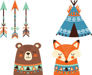 Cute tribal woodland vector set with bear and fox characters, decorative arrows, and teepee elements in boho style for kids and nursery designs © Jahangir