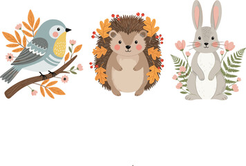 Obraz premium Cute woodland animal vector set with bird, hedgehog, and rabbit surrounded by autumn leaves and flowers for nursery, kids, and seasonal designs