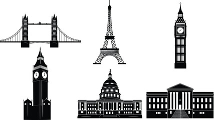 Obraz premium World famous landmarks silhouettes set, Eiffel Tower Big Ben Tower Bridge Capitol White House illustration isolated on white background vector