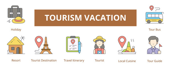 Tourism Vacation Lineal Color Banner Web Icon Set Vector Illustration
