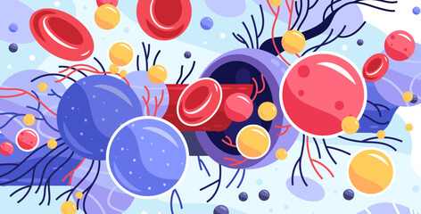 Virus bacteria parasite pathogen infection disease anatomy medical diagram showing colorful blood cells microbes and immune response in abstract style