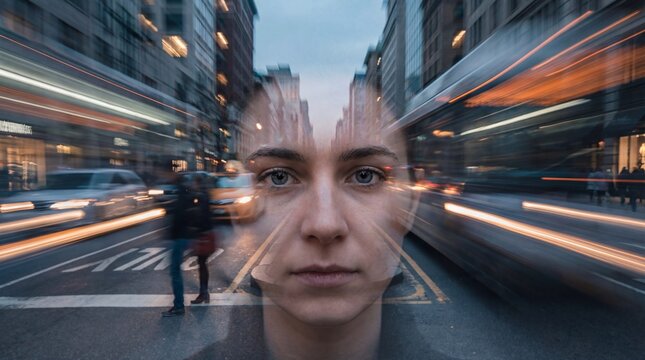 Motionless woman amid busy urban square scene concept. A woman stands in a busy urban street, captured in motion blur.