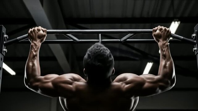 Intense Man Performing Pull-Ups: Building Strength and Muscles in a Gym