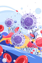 Virus bacteria pathogen infection disease anatomy cells blood microscopic medical background abstract blue red purple organic shapes