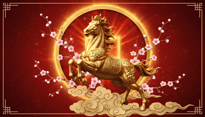 Fototapeta premium Golden Horse Statue Running with Chinese New Year Decoration Background