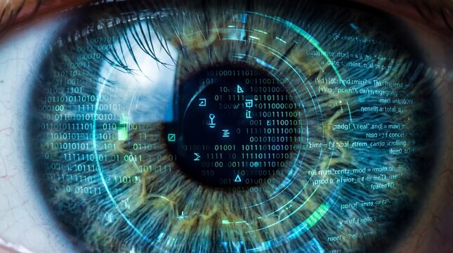 Human eye merged digital symbiosis concept. Futuristic eye with digital data interface and vibrant colors.