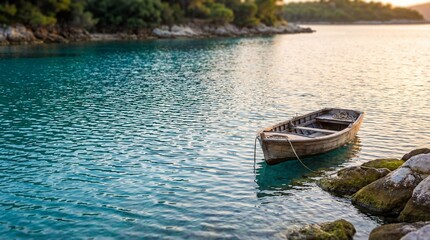 Obraz premium Gondola gliding through calm waters by architecture concept. Serene view of a wooden boat anchored in tranquil waters.