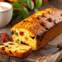 A delicious-looking loaf of fruitcake on a wooden cutting board