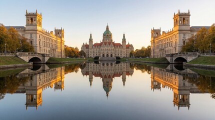 Obraz premium Gondola gliding through calm waters by architecture concept. Stunning reflection of historic architecture by calm water.