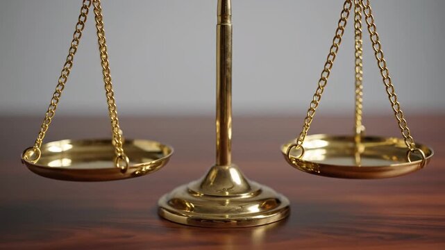 A close-up shot of golden weighing scales, with chains and bowls, sits on a wooden surface