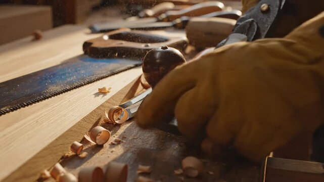 Woodworking tools saw and chisels on workbench with shavings
